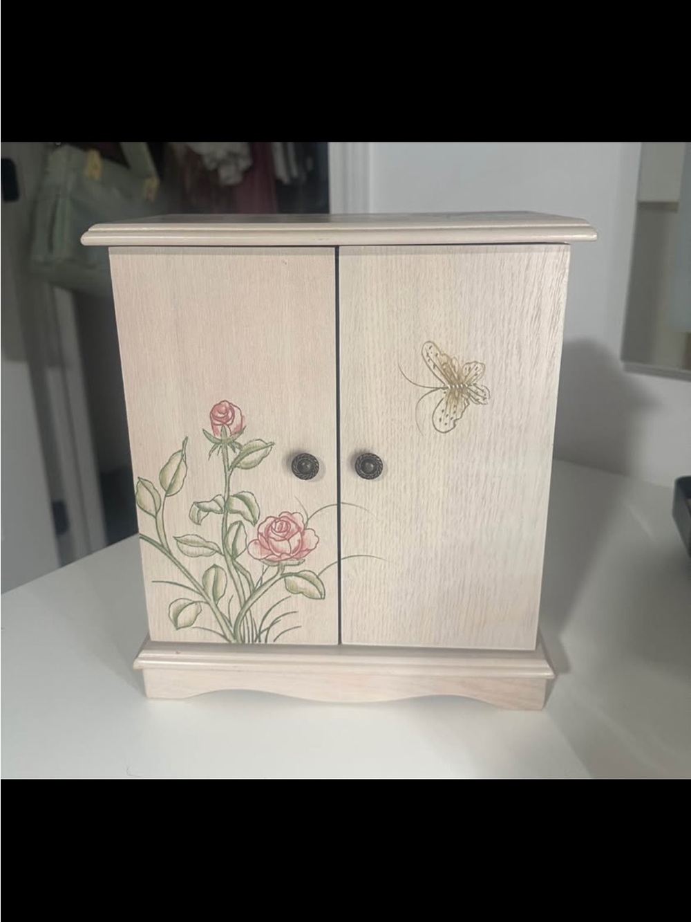 Floral Wood Jewelry Box with Butterfly Accent